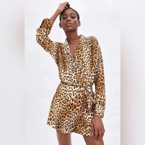 Zara TRF Leopard Print Long Sleeve Wrap Romper, 100% Viscose, Size X-Small - Picture 1 of 8